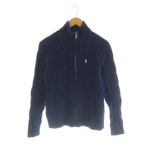 ケーブル編み ニットジャケット 刺繍 M 紺 /MI OS