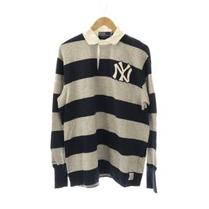 × MLB NY YANKEES  ラガーシャツ カットソー ポロシャツ 長袖 コットン L グレー 濃紺
