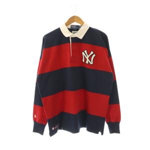 × MLB NY YANKEES  ラガーシャツ カットソー ポロシャツ 長袖 コットン L 赤 紺 /NR