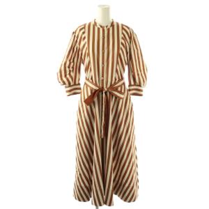 23SS カラー ストライプ ボリューム袖 ワンピース ロング 七分袖 36 ブラウン /HK OS