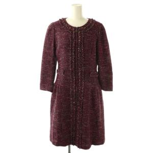 TISSUE ジップアップ ツイードワンピース 膝丈 34 レッド ブラック /HK OS