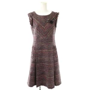 TISSUE ブローチ付き ツイードワンピース 膝丈 ノースリーブ 34 レッド ブラック /HK OS