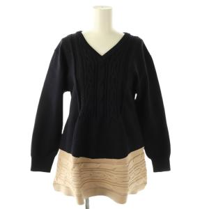 ケーブル Vネック ニット セーター 長袖 ネイビー ベージュ /HK OS