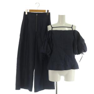 セットアップ上下 Sustainable 2WAYパフスリブラウス センターストレートパンツ F ネイビー