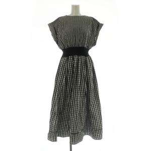 23SS ウエストリブシャツワンピース ロング フレンチスリーブ ギャザー チェック 1 ブラック /MY