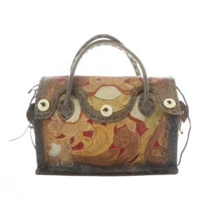 ハンドバッグ レザー 茶色 ブラウン ベージュ オレンジ カービング柄 ボタン留め /RI OS