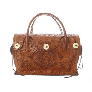 Maestra マエストラ M ダークブラウン トートバッグ ハンド レザー 型押し 草花 手彫り /RI