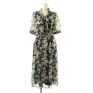 ベルト付フラワーワンピース 半袖 ロング 紺 グレージュ /NR OS SH