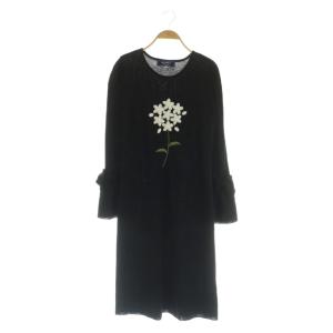ニット ワンピース ロング 長袖 フレアスリーブ 刺繍 ウール 40 ブラック /MY OS