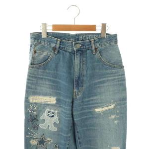 HYSTERIC GLAMOUR HYS DOLL刺繍 ロールアップデニムパンツ ストレート 25 ブルー /HK OS