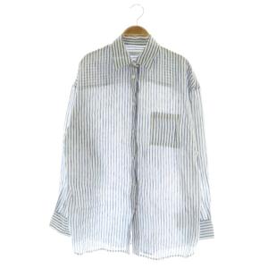 24SS ゼフィールリネンレギュラーシャツ ブラウス ストライプ柄 レギュラーカラー 長袖 ブルー /MY