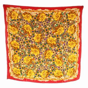 ヴィンテージ カメリア ジュエリープリント スカーフ 総柄 赤 ゴールドカラー マルチカラー /MI OS