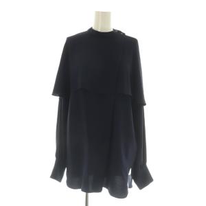 バックサテンケープブラウス 長袖 バンドカラー ネイビー /MY OS