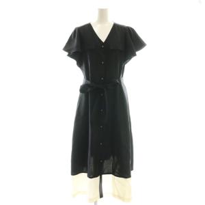 リネンタッチバイカラーワンピース ロング 36 ブラック オフホワイト /DF OS