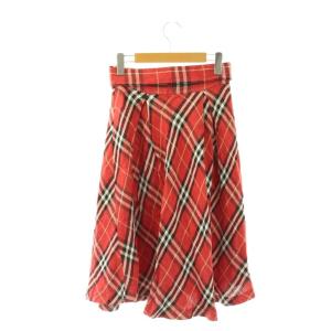 BURBERRY BLUE LABEL チェック タック フレアスカート ロング 38 レッド /HK OS