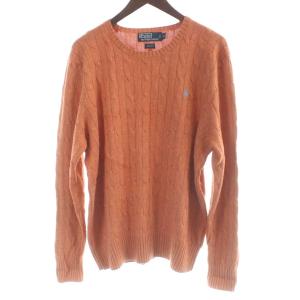 ニット セーター 絹 シルク LL オレンジ ケーブル編み ラウンドネック 長袖 /AB OS