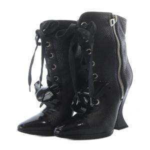 フロントリボン レザーショートブーツ ハイヒール レースアップ 37 ブラック /YO37
