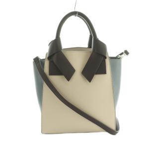 2WAY ハンドバッグ ショルダーバッグ フェイクレザー バイカラー リボンモチーフ ライトベージュ ライトブルー