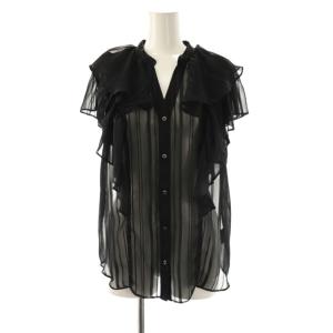 24SS シアーストライプオーバーラップフリルブラウス シャツ 前開き 半袖 黒 /NR OS