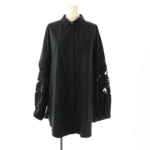 レース切り替えシャツ ブラウス 長袖 前開き コットン F 黒 /NR OS