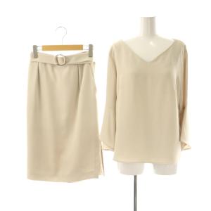 セットアップ 上下 ブラウス 七分袖 プルオーバー スカート ロング セミフレア レース 38 ライトベージュ