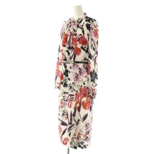 PINKY&DIANNE 24AW ブラッシュフラワープリントワンピース ボウタイ ベルト付き 38 白 マルチカラー /CX OS