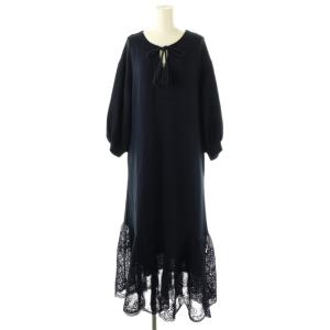 レースヘムワンピース ロング 七分袖 36 ネイビー /HK OS