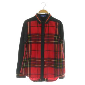 チェックロングスリーブシャツ 長袖 切替 比翼ボタン 38 レッド /MY OS