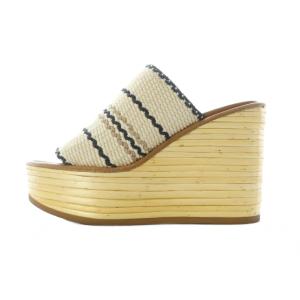 SEE BY CHLOE サンダル 36 23cm ベージュ 白 ホワイト 黒 ブラック ウェッジソール 厚底 編み込み ストライプ柄