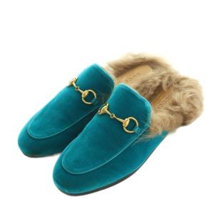 プリンスタウン ベロア バックレスローファー サンダル 36 ターコイズブルー 448657