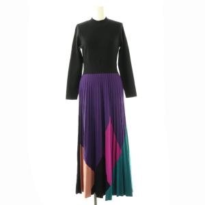 プリーツニットワンピース ロング 36 ブラック マルチカラー /HK OS