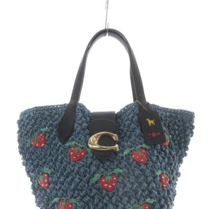 COACH スモール トート ウィズ ストロベリー エンブロイダリー バッグ ハンドバッグ 青 ブルー 黒 /SR
