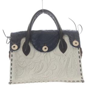 マエストラ M トートバッグ ハンドバッグ レザー 紺 ネイビー 白 ホワイト /SR