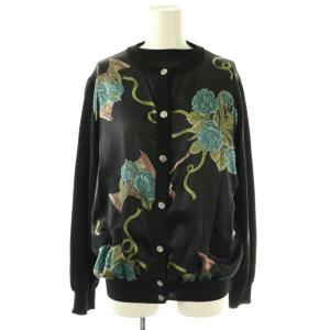 柄 アンサンブル ニット カーディガン 長袖 カットソー 半袖 ウール シルク混 M 黒 マルチカラー