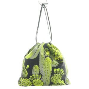 ドローストリング巾着ポーチ サボテン柄 緑 グリーン 黒 ブラック /SS OS OH