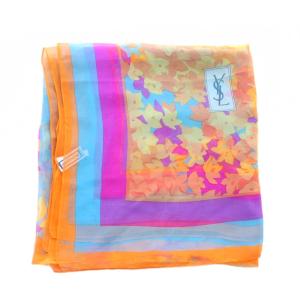 YVES SAINT LAURENT スカーフ 絹 シルク オレンジ 水色 ピンク 花柄 シアー /RI OS