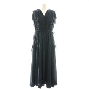 24SS リボンノースリーブワンピース ドット ストライプ 38 ネイビー /CX OS