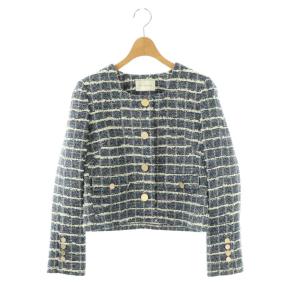 25SS スクエアーネックツイードジャケット アウター ノーカラー 36 青 白 /NR OS