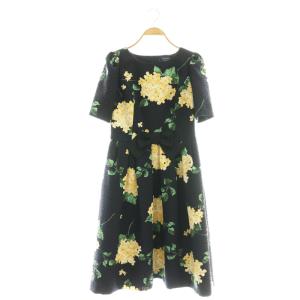 24年製 フラワージャガードワンピース ひざ丈 38 ネイビー イエロー /DF OS SH