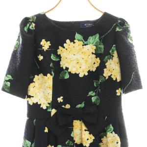 M'S GRACY 24年製 フラワージャガードワンピース ひざ丈 38 ネイビー イエロー /DF OS SH