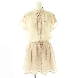 シアーチェックフリルワンピース 半袖 36 ライトピンク モカ ホワイト /DO OS