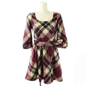 ベルト付きウールチェックワンピース 七分袖 36 パープル ブラック アイボリー /DO OS