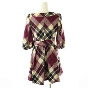 BURBERRY BLUE LABEL ベルト付きウールチェックワンピース 七分袖 36 パープル ブラック アイボリー /DO OS