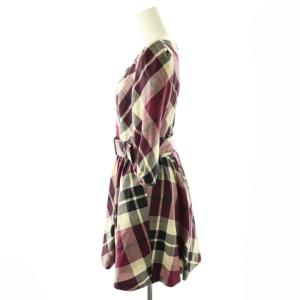 BURBERRY BLUE LABEL ベルト付きウールチェックワンピース 七分袖 36 パープル ブラック アイボリー /DO OS