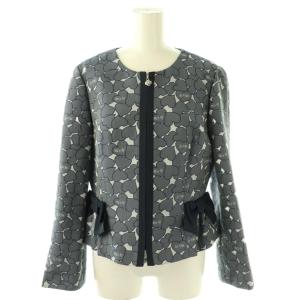 ハート柄 リボン ノーカラージャケット ジップアップ 40 グレー ネイビー /DF OS