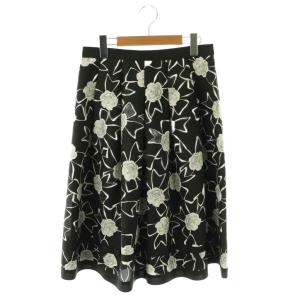 花柄 リボン スカート フレア 膝丈 40 黒 /NR OS