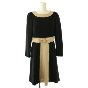 ウール混 バイカラー リボン  ワンピース 38 ブラック ベージュ /ES OS