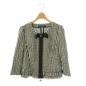 ギンガムチェックジャケット ノーカラー ジップアップ リボン 40 ブラック ホワイト /HK OS