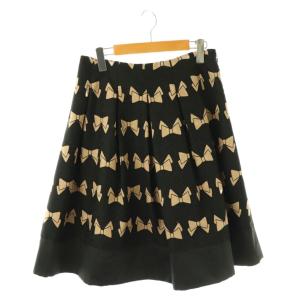 リボン柄  フレアスカート 42 ブラック ベージュ /ES OS