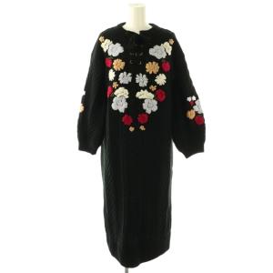 刺繍ケーブルニットワンピース ロング 長袖 36 ブラック マルチカラー /DO OS